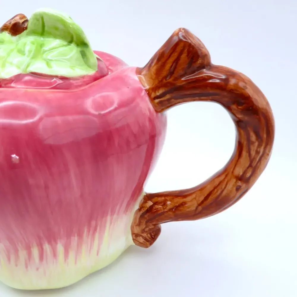 Vintage Apple Shaped Ceramic Teapot Single Serve Reddish Pink and Green 8 Oz
